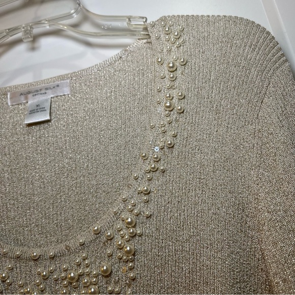 Women's August Silk Sweater Gold Metallic w/Pearls 3/4-Sleeve XLARGE - Picture 5 of 11